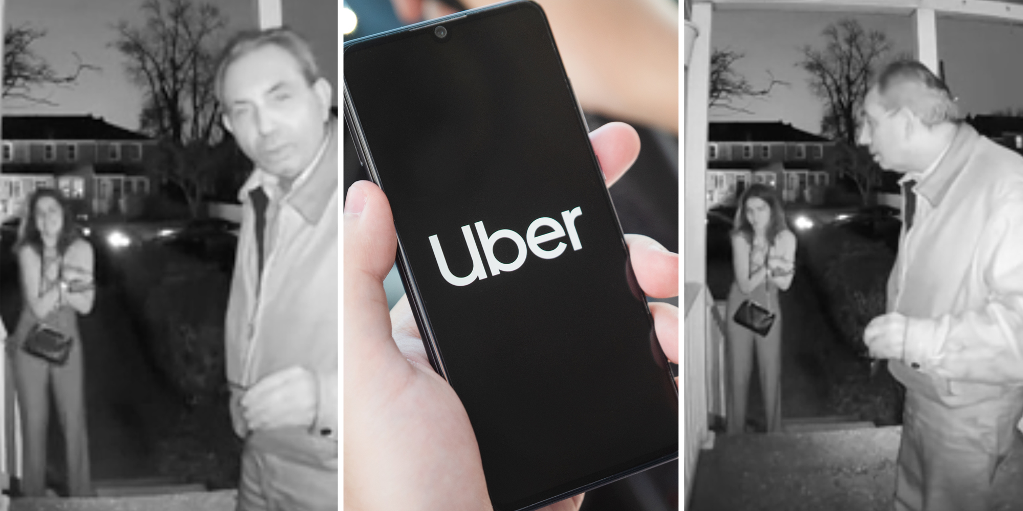 Uber driver and passenger on ring cam(l+r), hand holding phone with Uber app open(c)