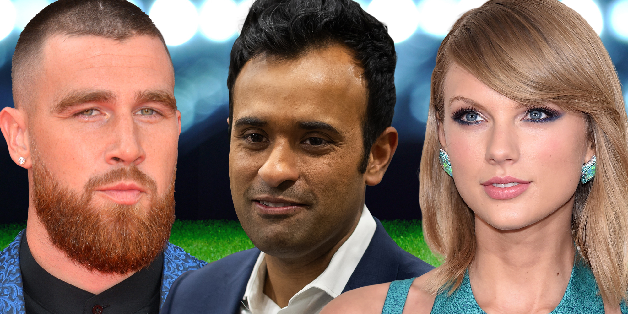Travis Kelce (l) Vivek Ramaswamy (c) Taylor Swift (r)