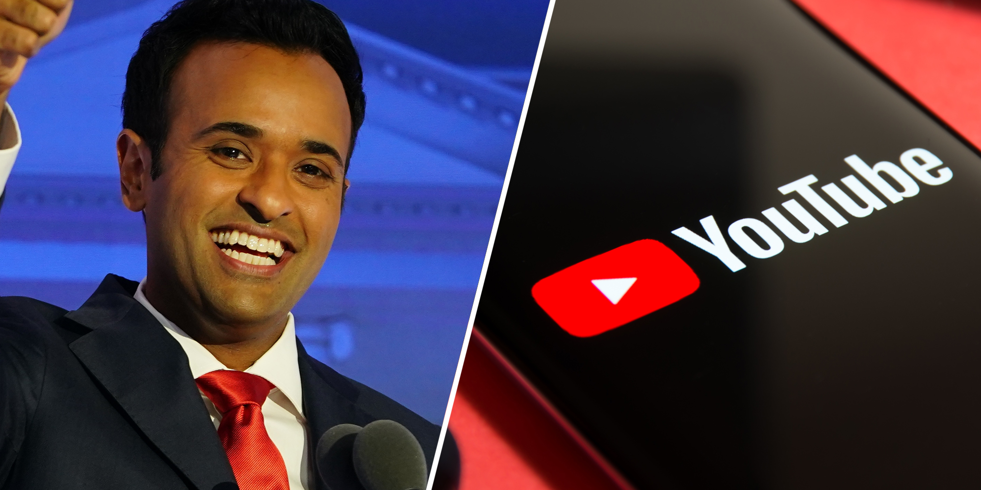 Vivek Ramaswamy(l), phone with youtube app(r)