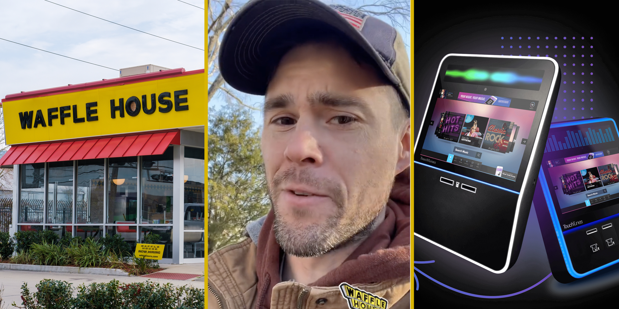 Waffle House(l), Man talking(c), Touchtunes jukebox(c)