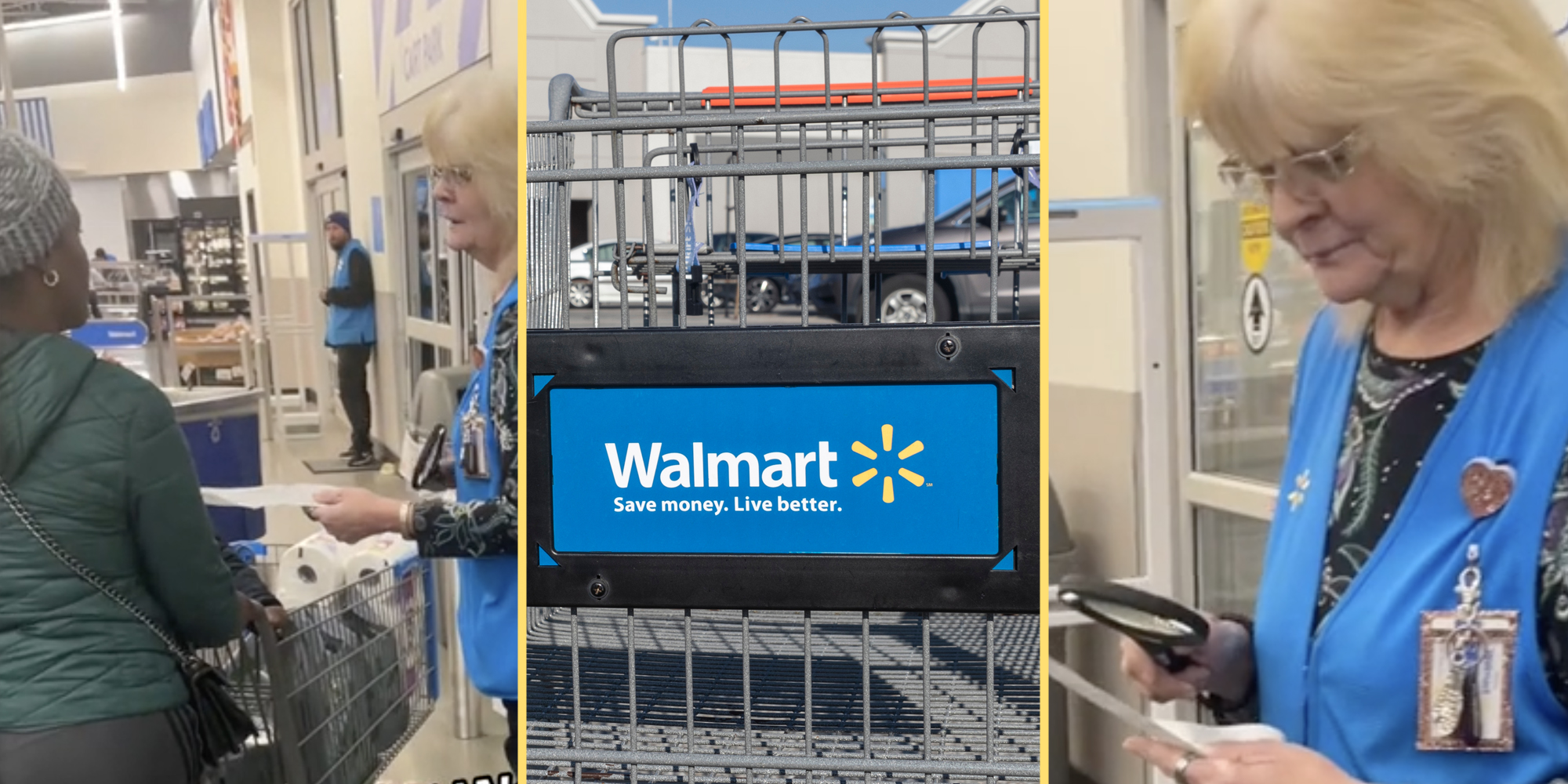 Woman checking receipts with magnifying glass(l+r), Walmart shopping cart(c)