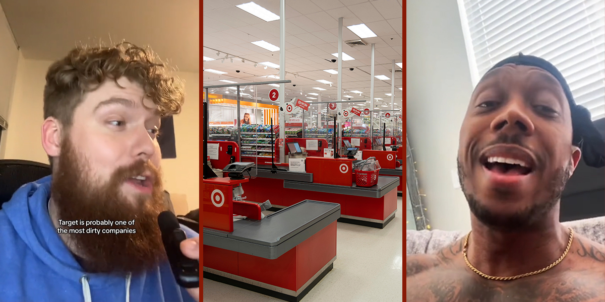 man speaking with caption "Target is probably one of the most dirty companies" (l) Target checkout (c) Target cashier speaking (r)