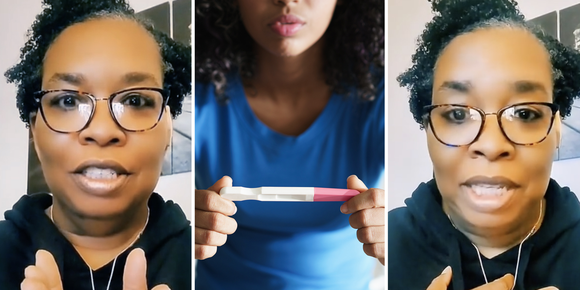 Woman talking(l+r), Woman holding pregnancy test(c)