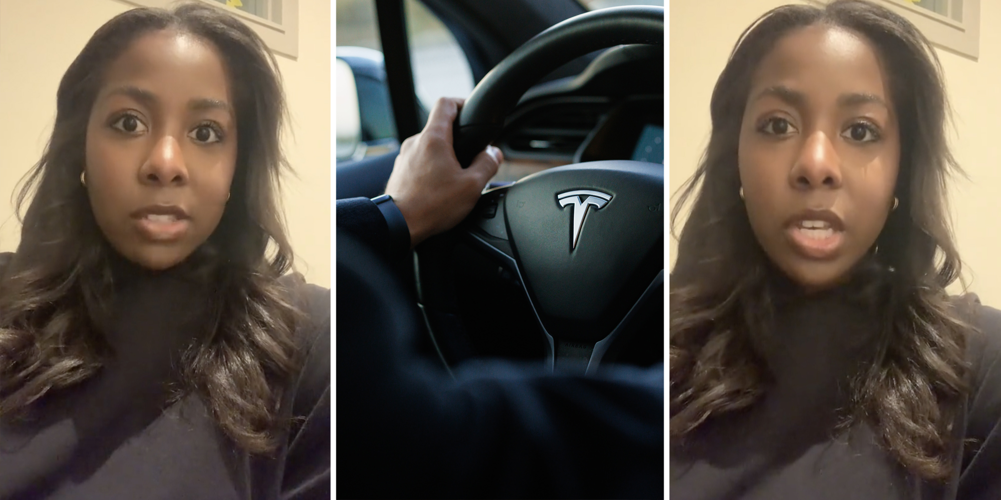 Woman talking(l+r), Man driving car(c)
