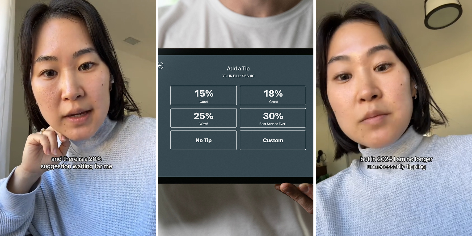 Woman picks out greeting card at grocery store and heads to self-checkout and the register asks for a 20% tip