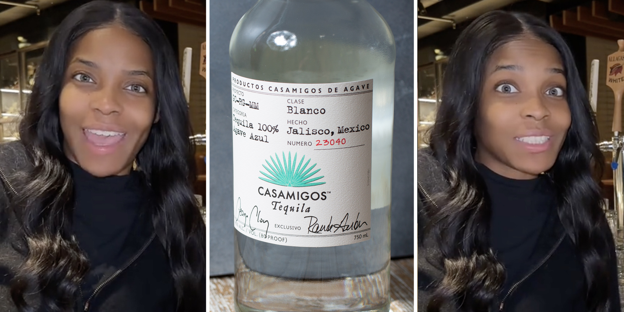Woman talking(l+r), Casamigos Tequila bottle(c)