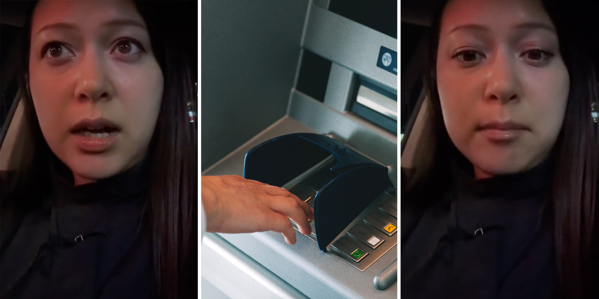 Woman talking(l+r), Hand at ATM(c)