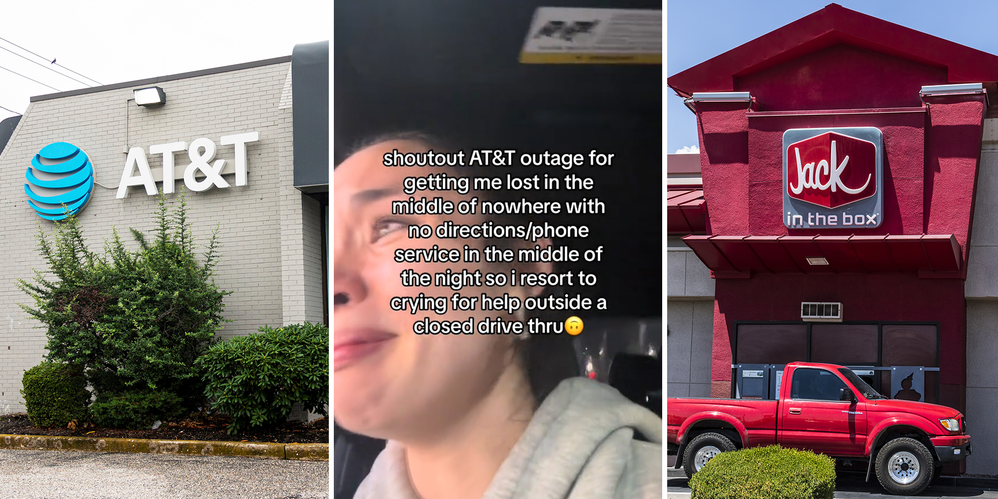 Woman cries at closed Jack in the Box drive-thru after getting lost during the AT&T outage