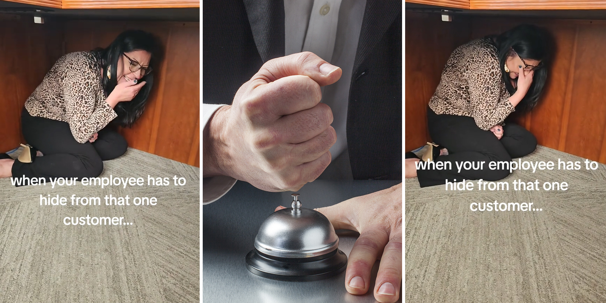 Worker hides under desk to avoid customer