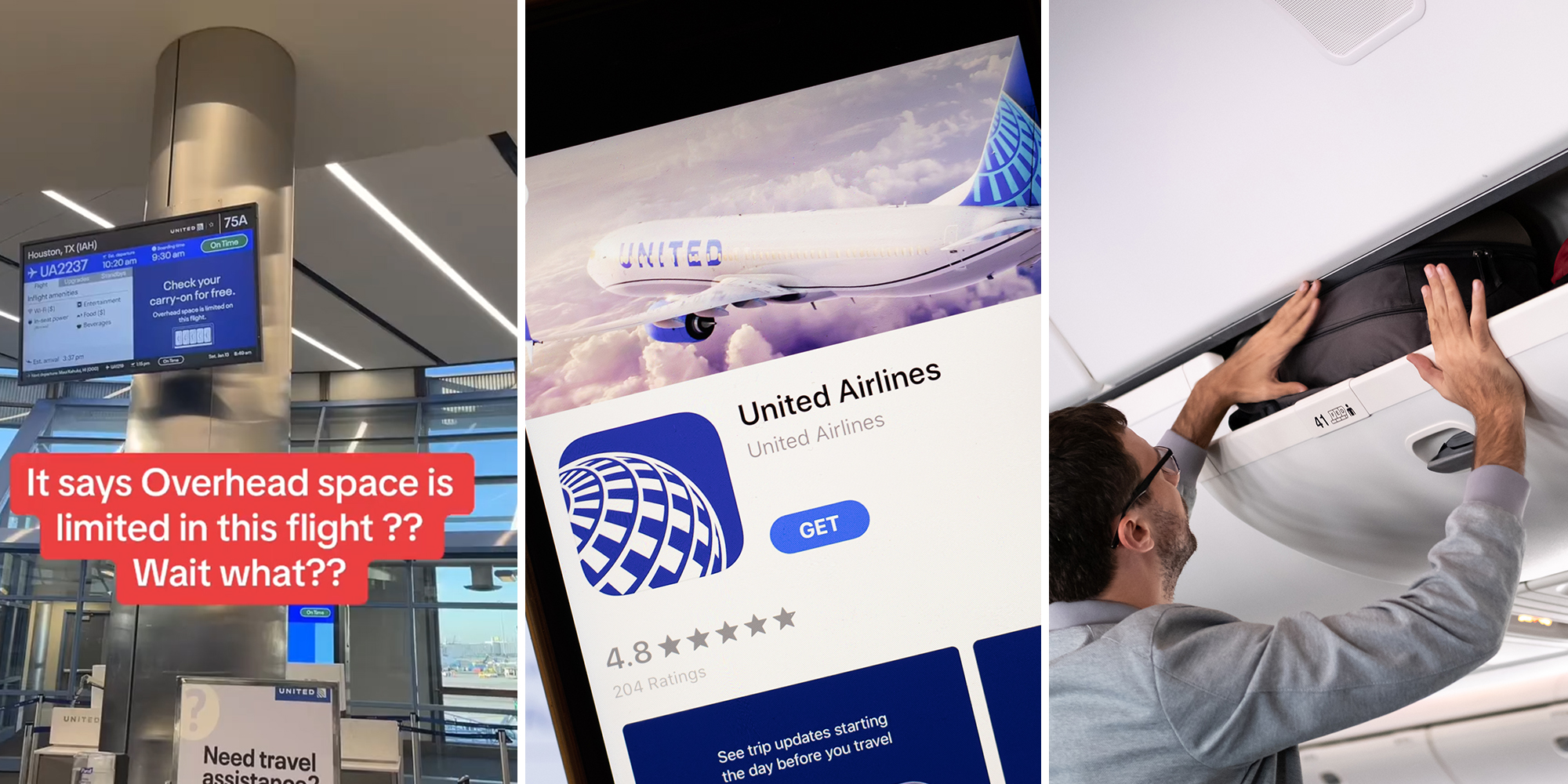 United Airlines promises enough room to fit everyone’s bags. Customer says overhead space is ‘limited’ on his flight