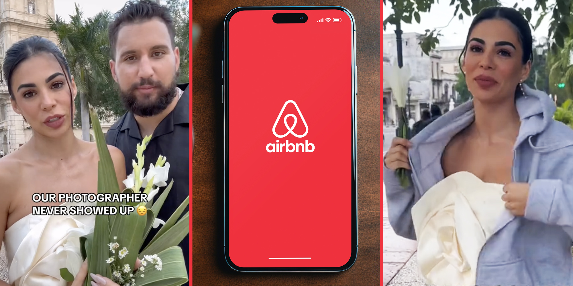Couple with flowers(l), Phone with Airbnb app(c), Woman wearing hoodie over dress(r)
