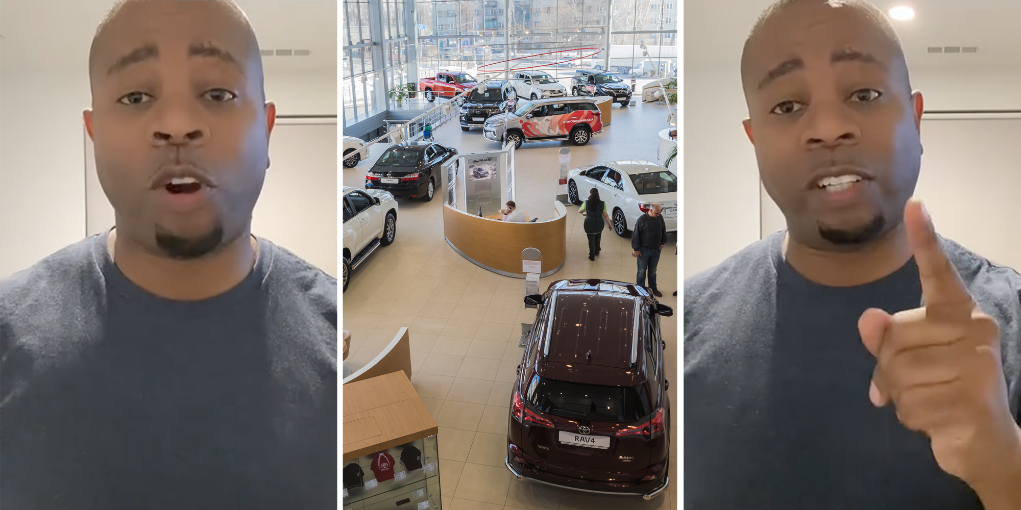 Man talking(l+r), Car dealership(c)