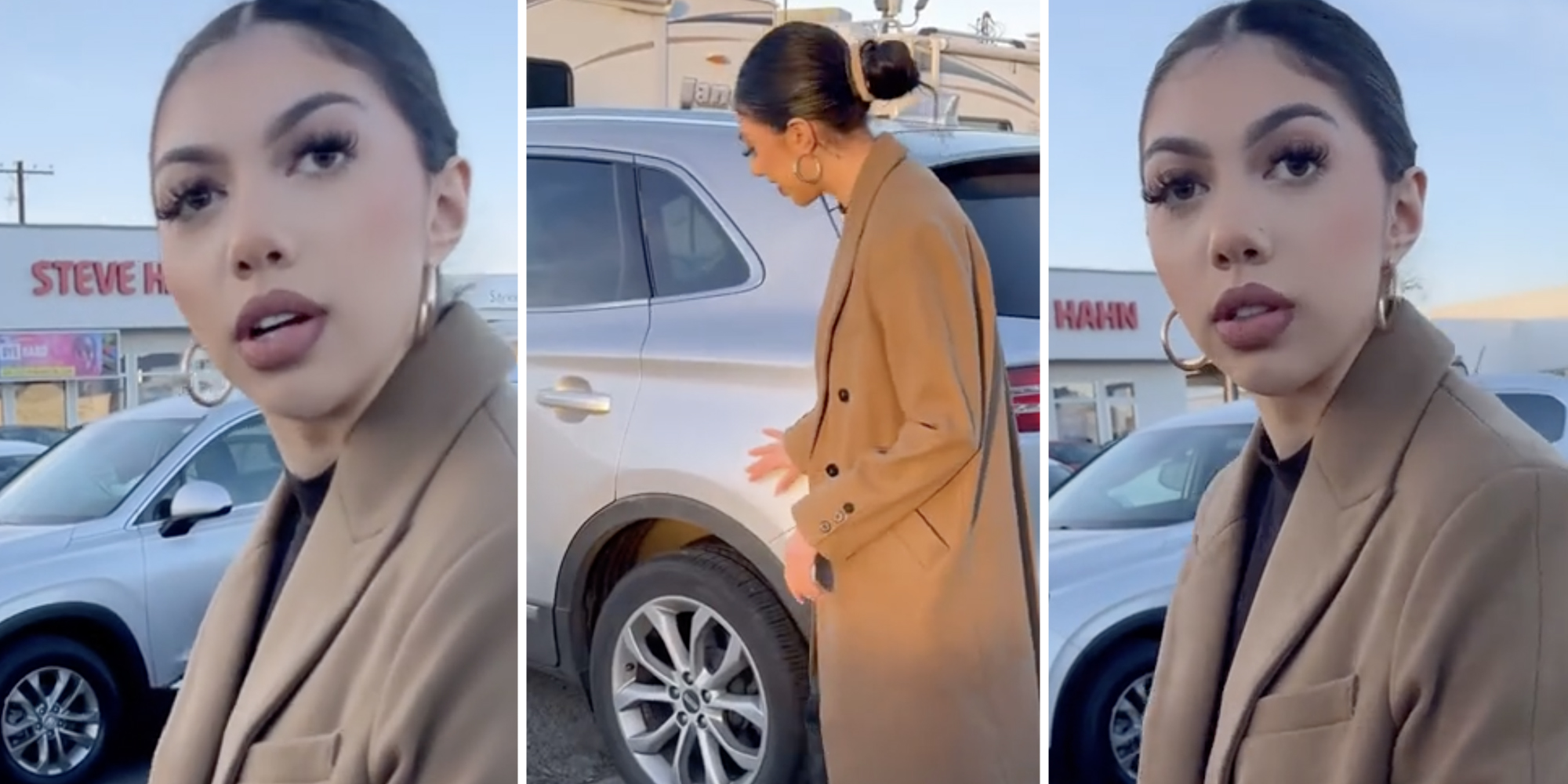Woman looking surprised(l+r), Woman touching car(c)