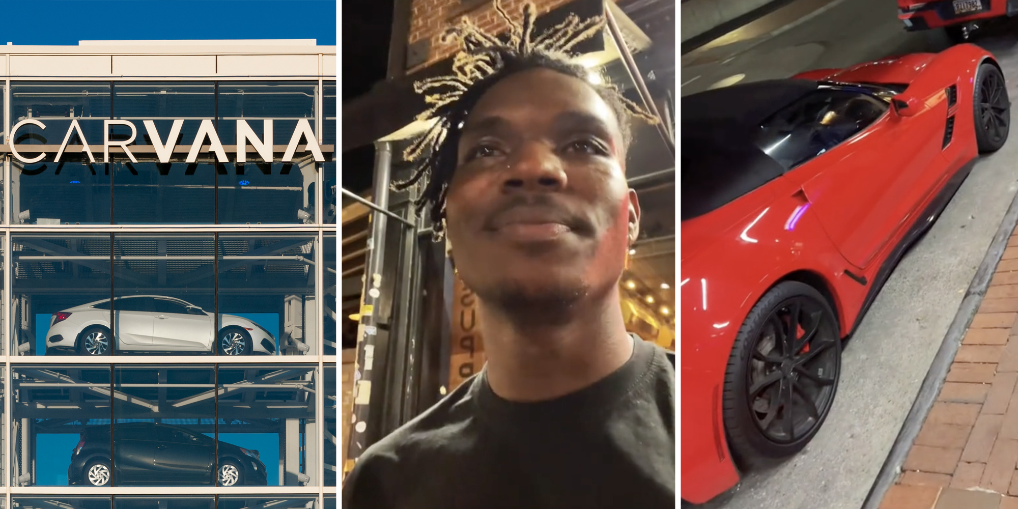 Carvana(l), Man looking sad(c), Nice red car(r)