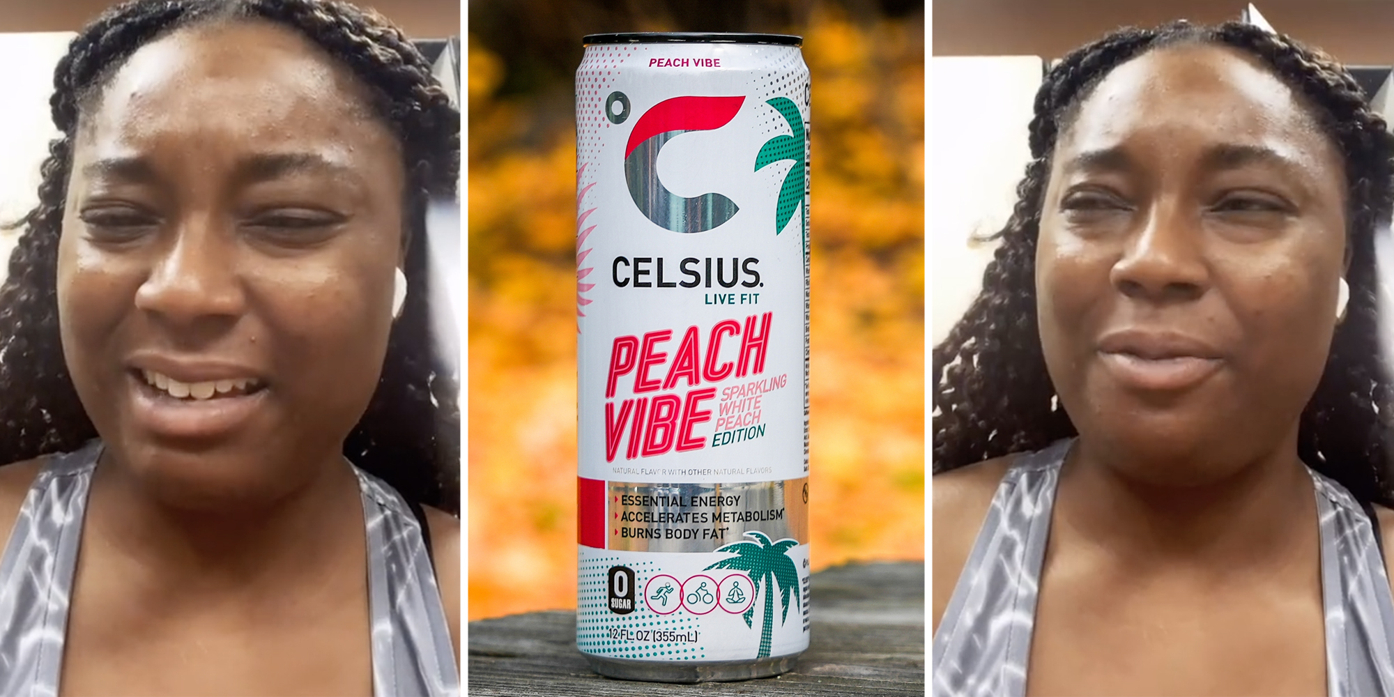 Woman looking grosses out (l+r), Celsius can(c)