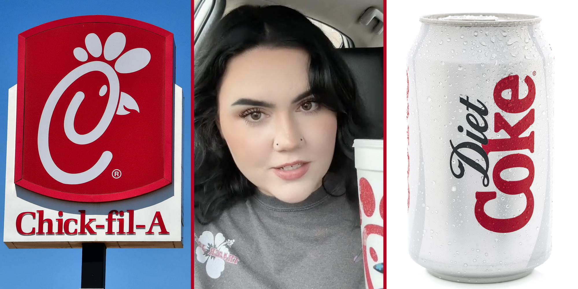 Chick-fil-a sign(l), Woman talking(c), Diet Coke can(r)