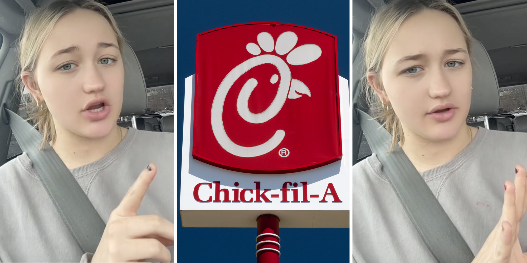 Woman talking(l+r), Chick-fil-a(c)