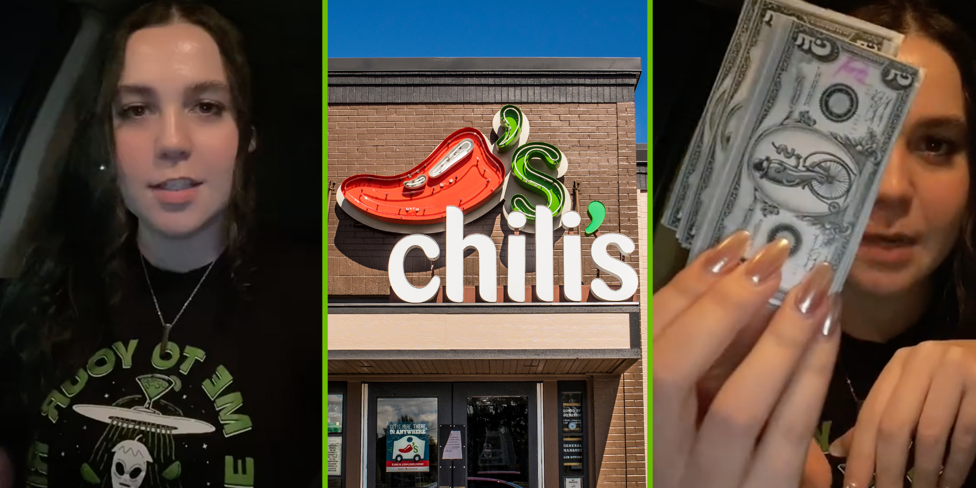 Woman talking(L), Chili's storefront(c), Hand holding up chilibucks(r)