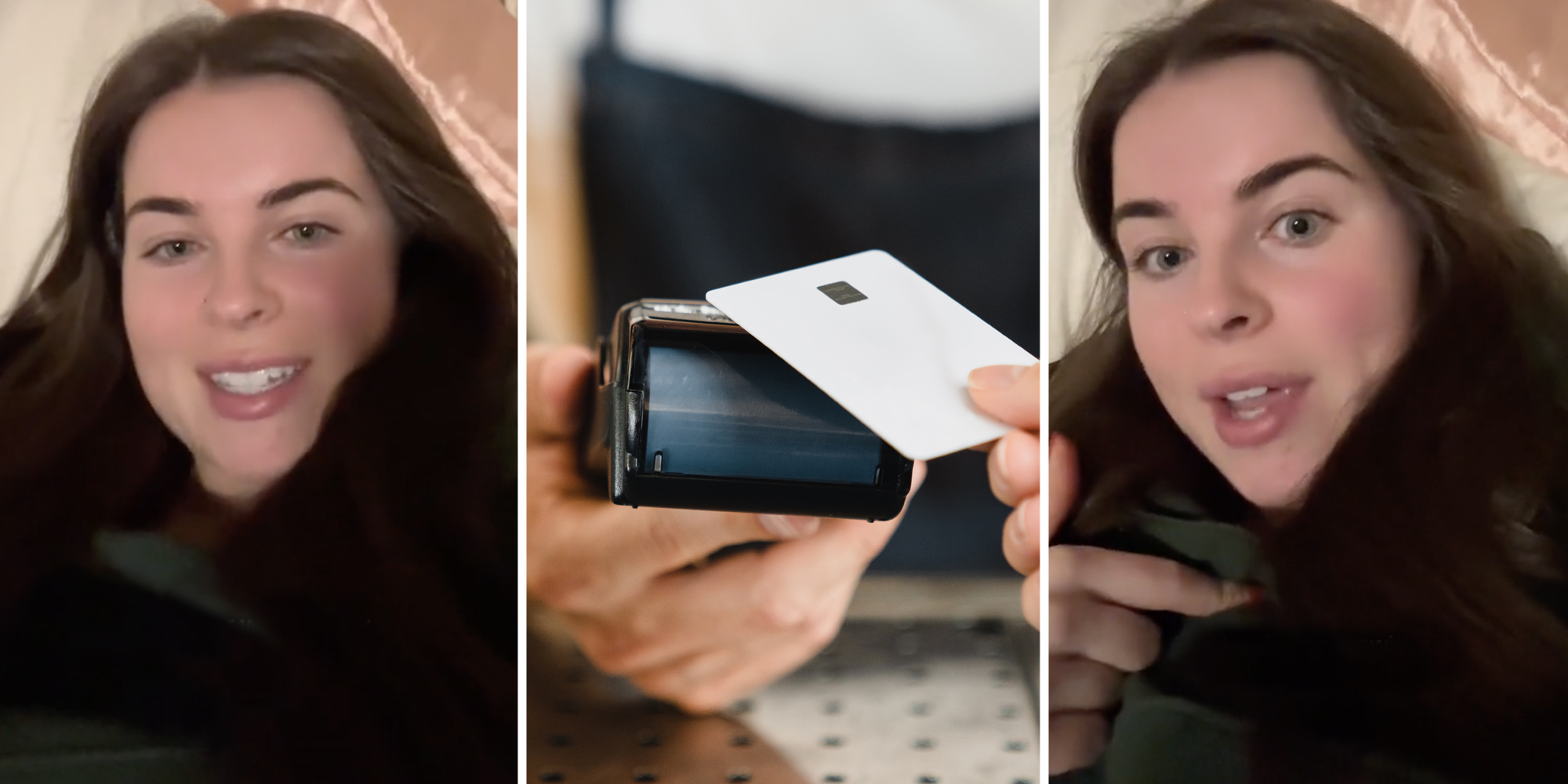 Woman talking(l+r), Paying with credit card(c)