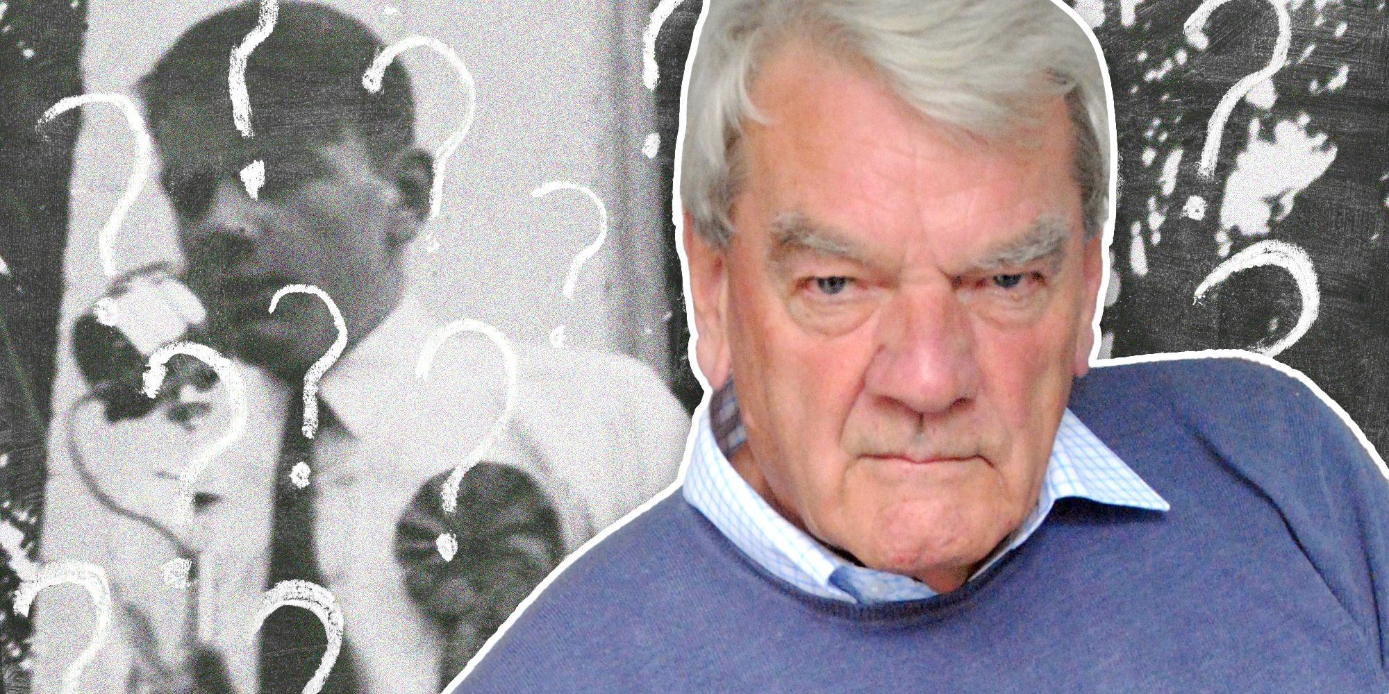 David Irving in 2012 over himself speaking in 1955 overlayed with question marks