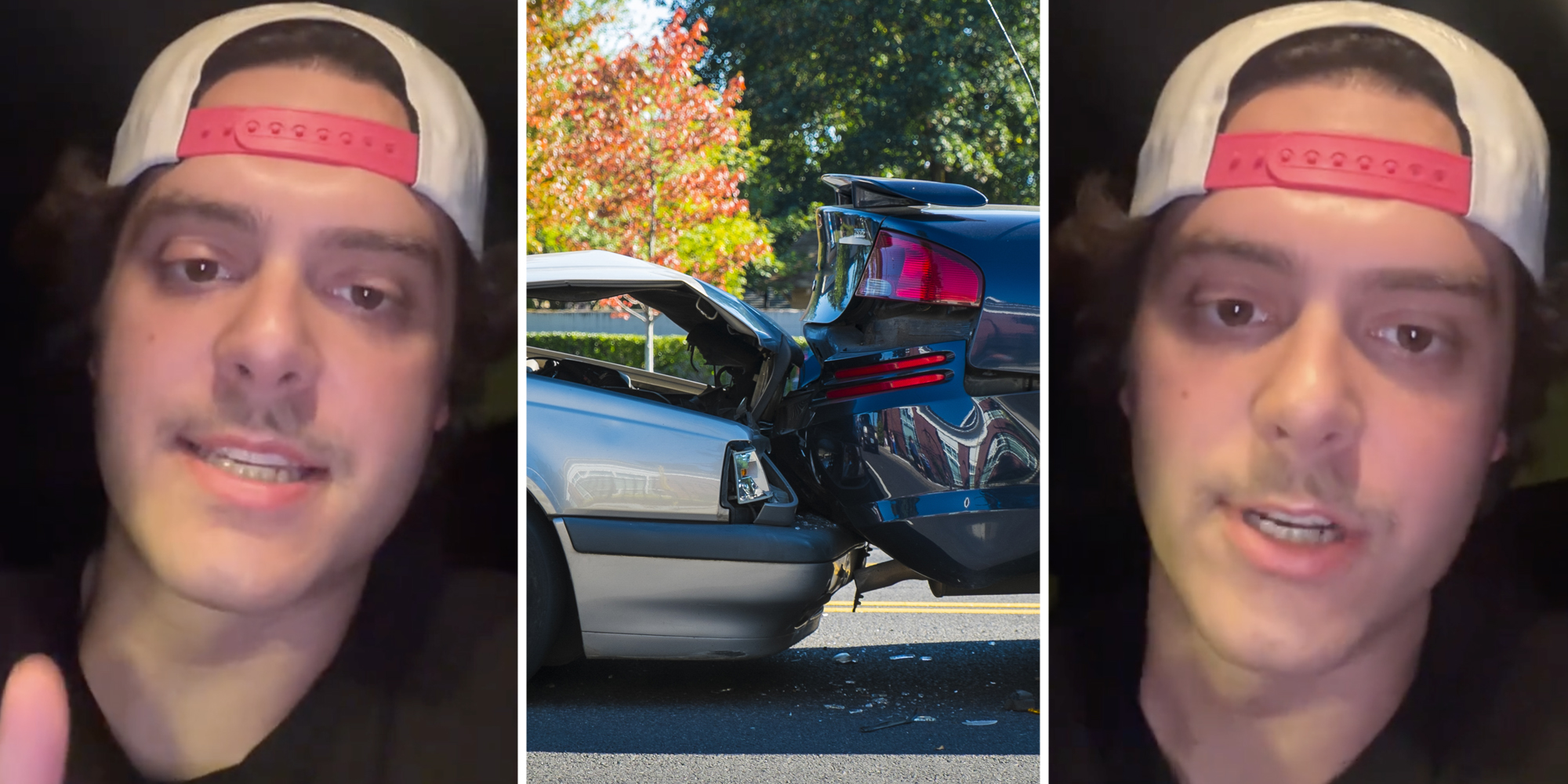 Man talking(l+r), Car accident(c)