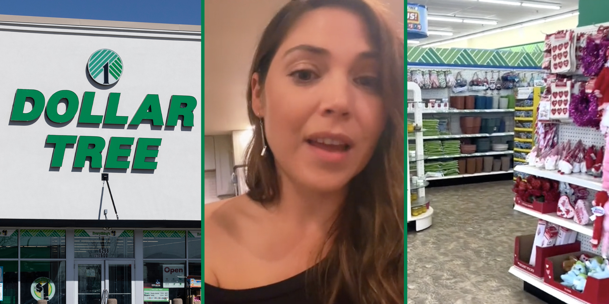 Dollar Tree exterior(l), Woman talking(c), Dollar Tree interior(r)