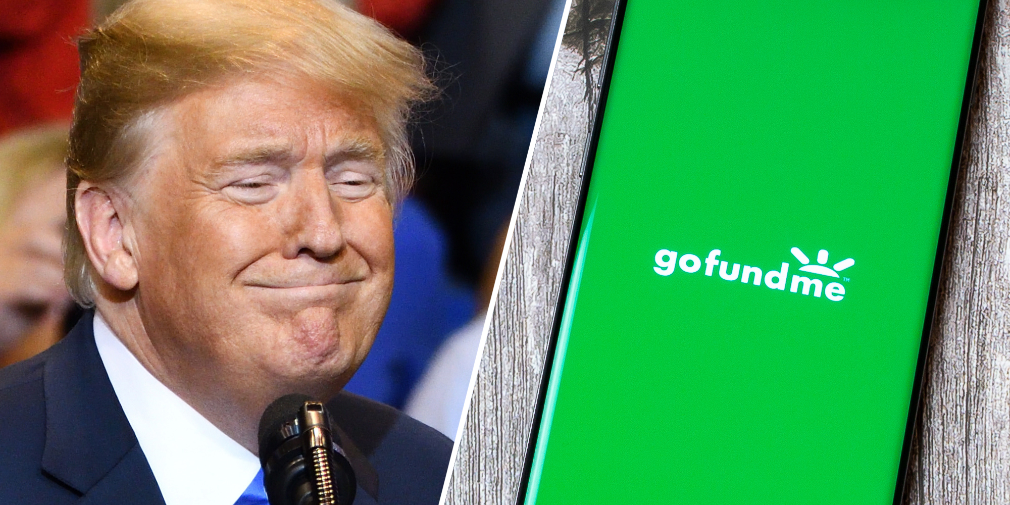 Donald Trump(l), Phone with GoFundme app(r)