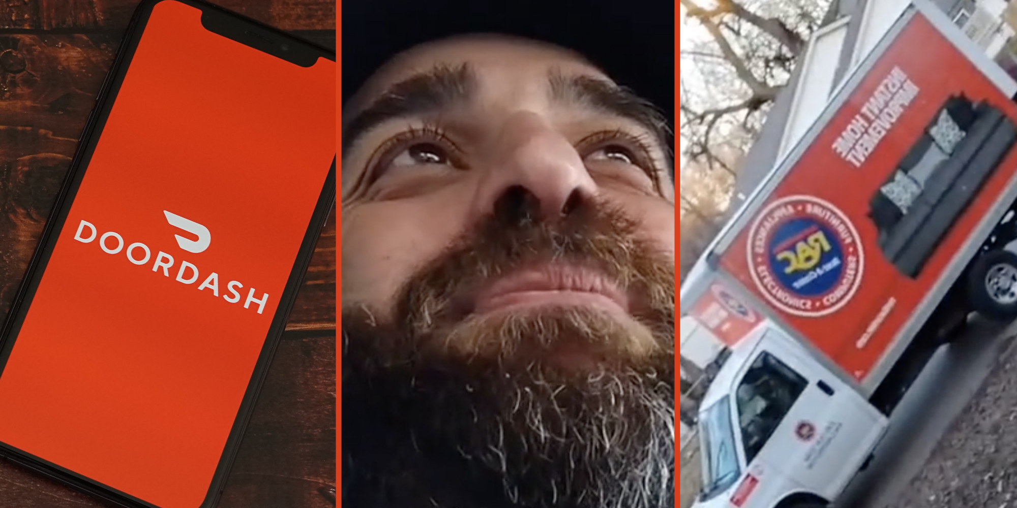Phone with Doordash app(l), Man looking up(c), RAC truck(r)
