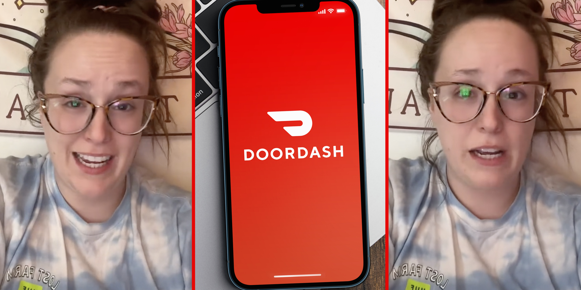 Woman talking(l+r), Doordash app on phone(c)
