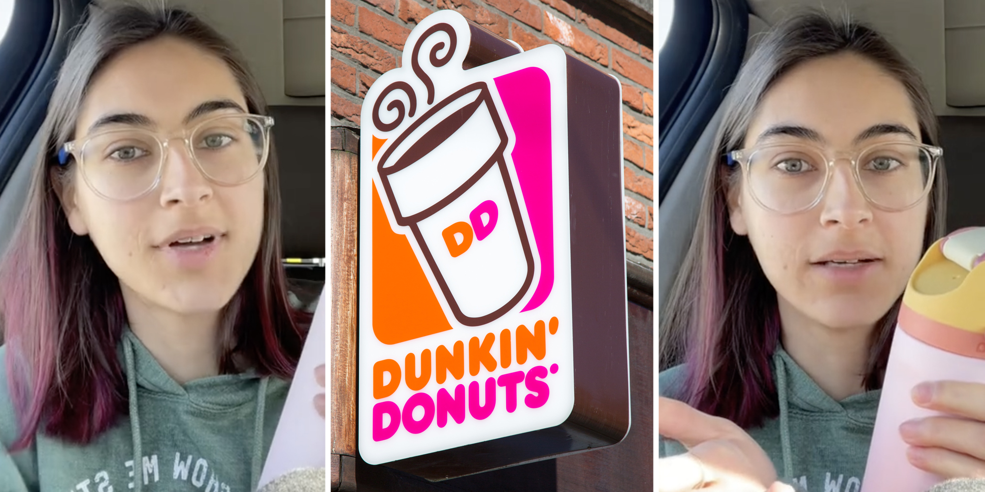 Woman talking(l+r), Dunkin Donuts sign(c)