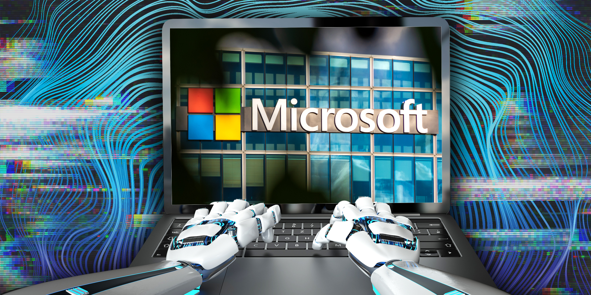 Robot ai typing at computer with microsoft hq on the screen and abstract background