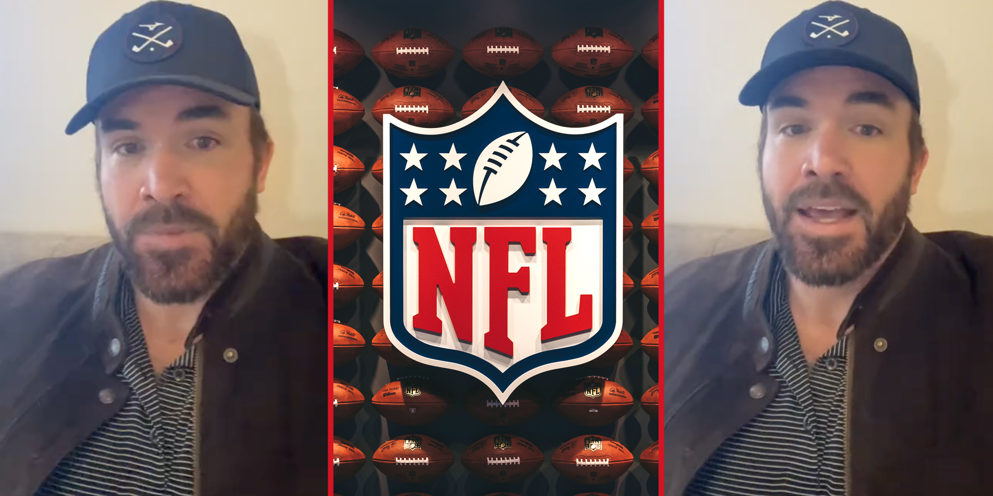 Man talking(l+r), NFL logo(c)