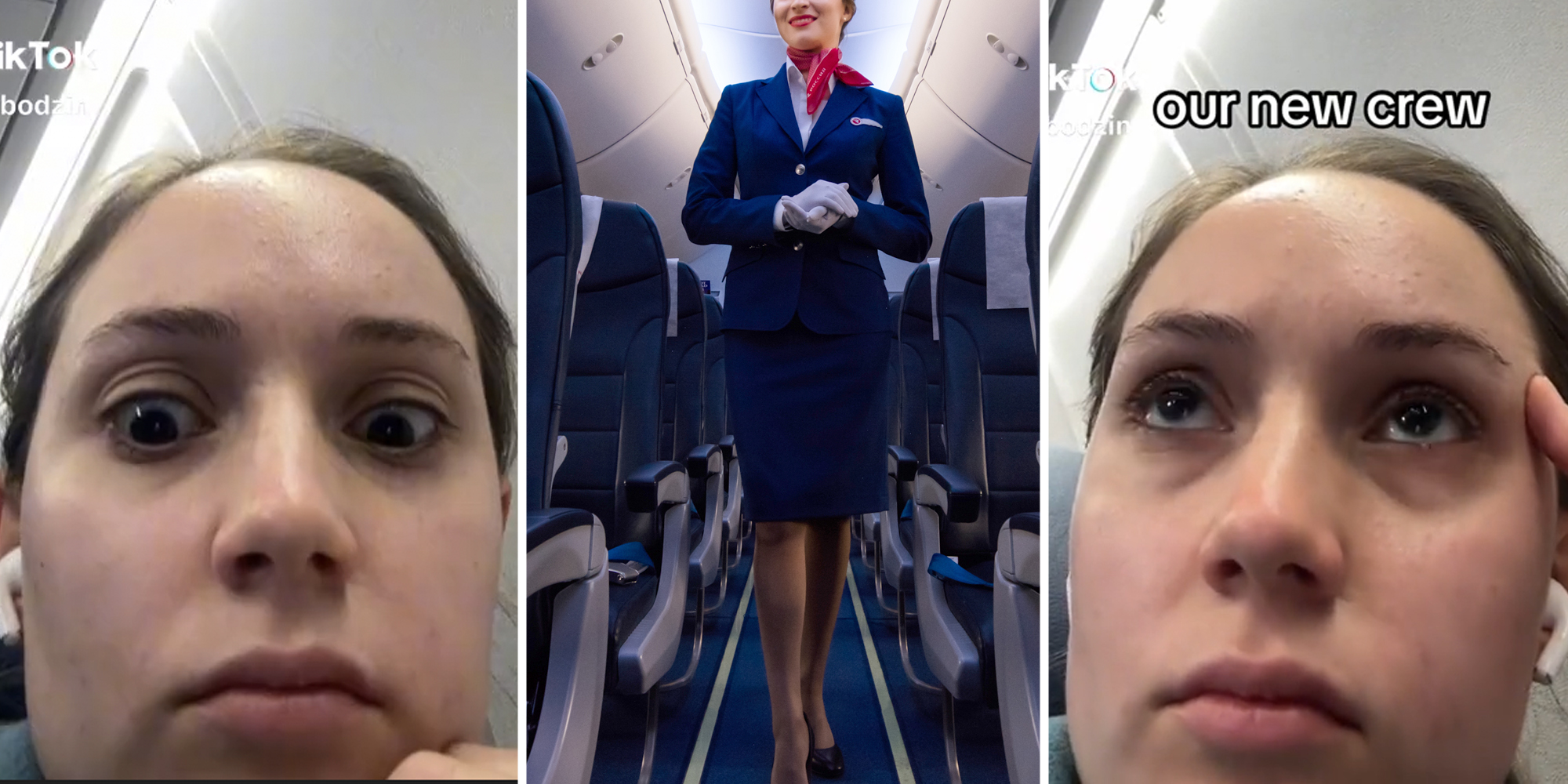 Woman looking annoyed(l+r), Flight attendant walking down aisle(r)