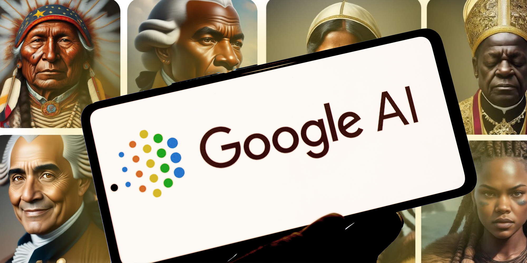 Hand holding phone with google ai open and background of ai images