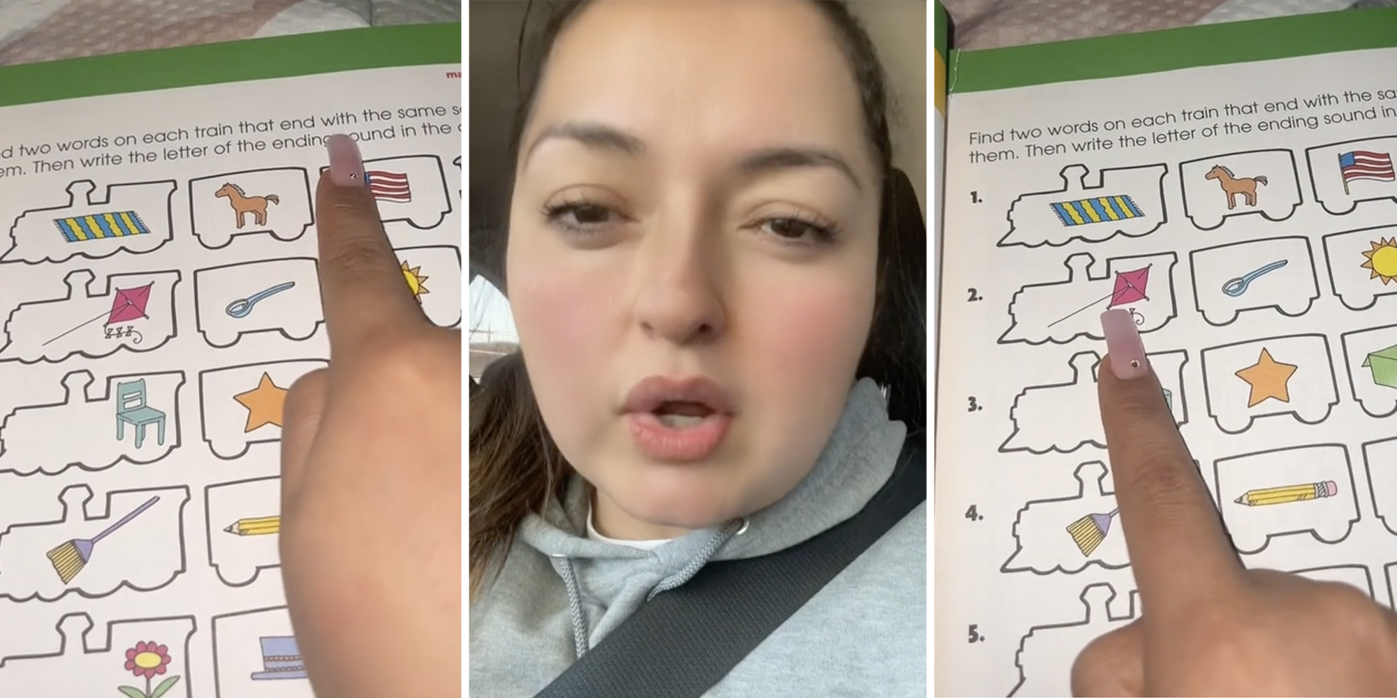 Finger pointing to page(l+r), Woman talking(c)