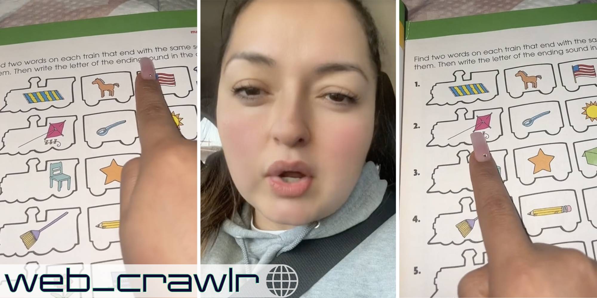 Finger pointing to page(l+r), Woman talking(c)