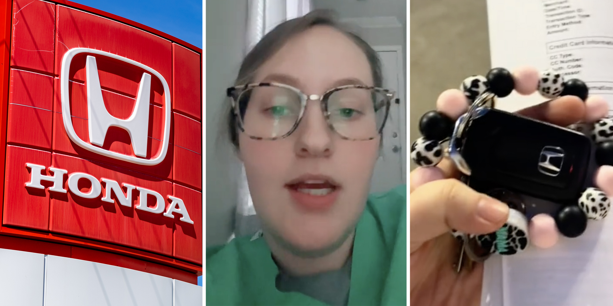 Honda sign(l), Woman talking(c), Hand holding keys(r)