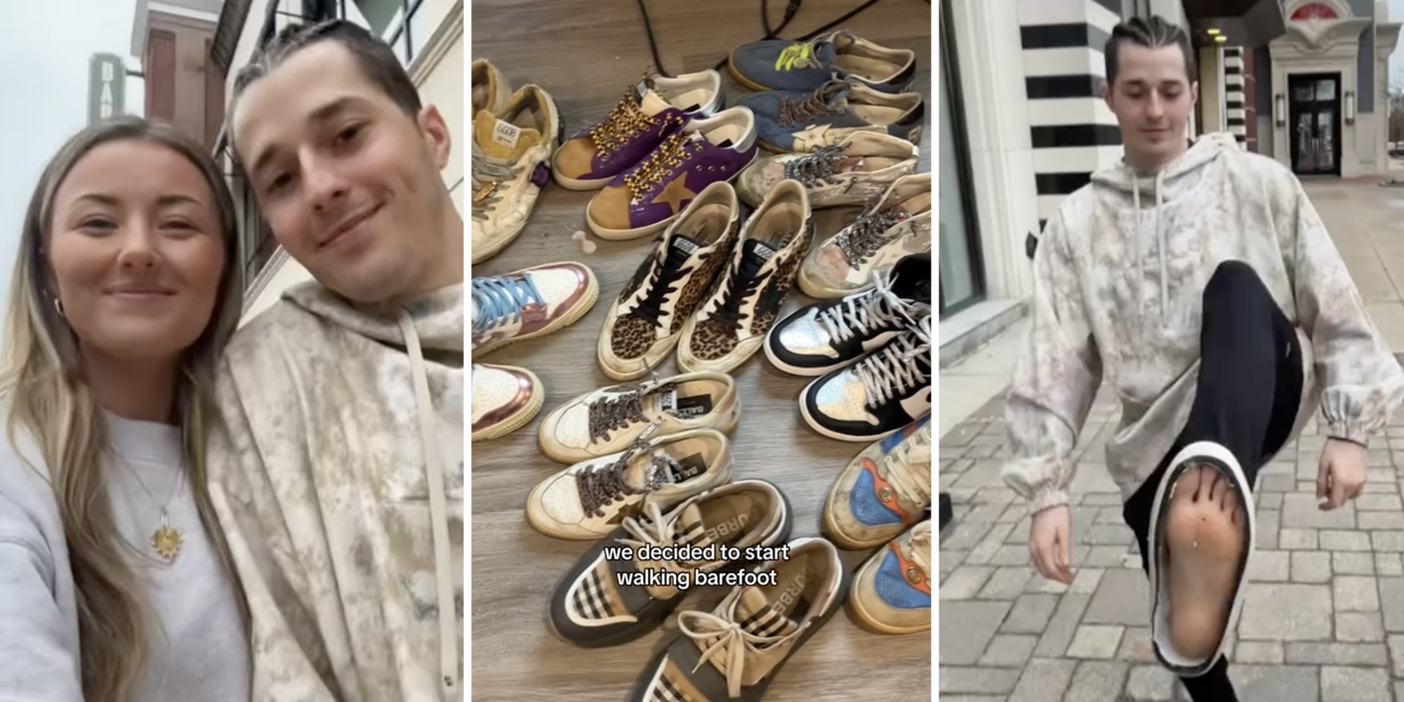 Couple smiling(l), Pairs of shoes(c), Man showing off no sole shoe(r)