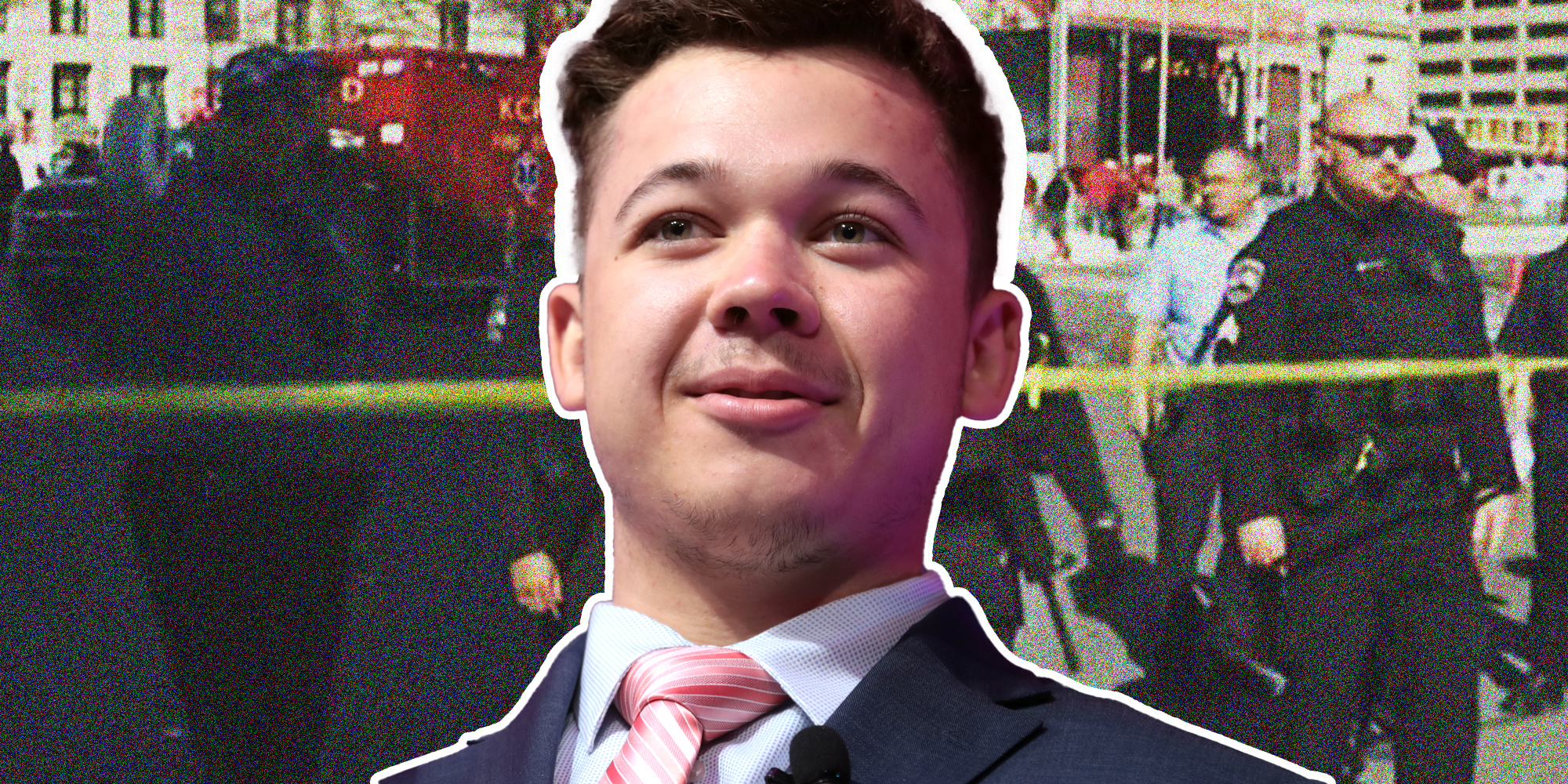 Kyle Rittenhouse in front of scene of police after Kansas City Shooting