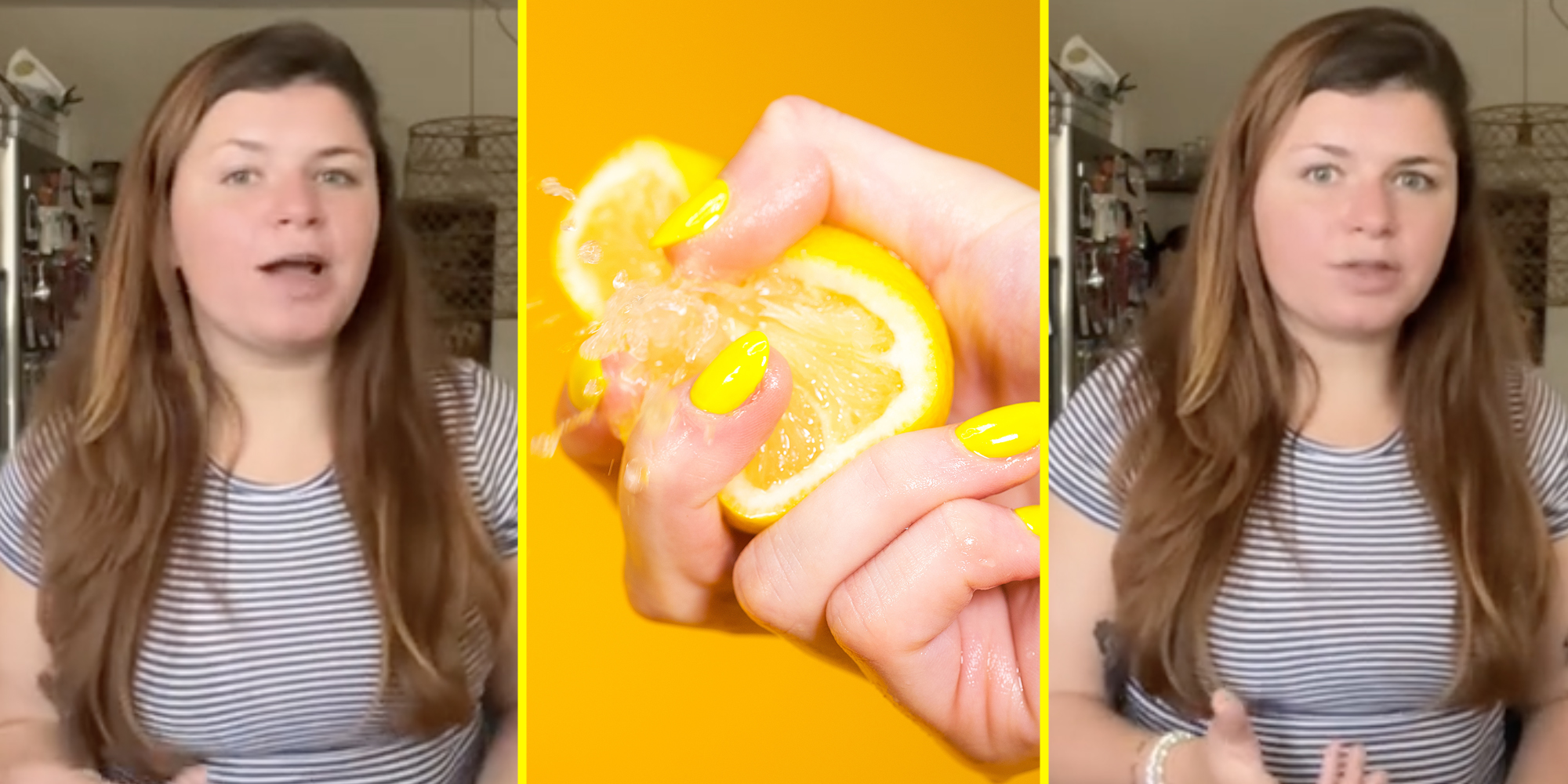 Woman talking(l+r), Hand squeezing lemon(c)