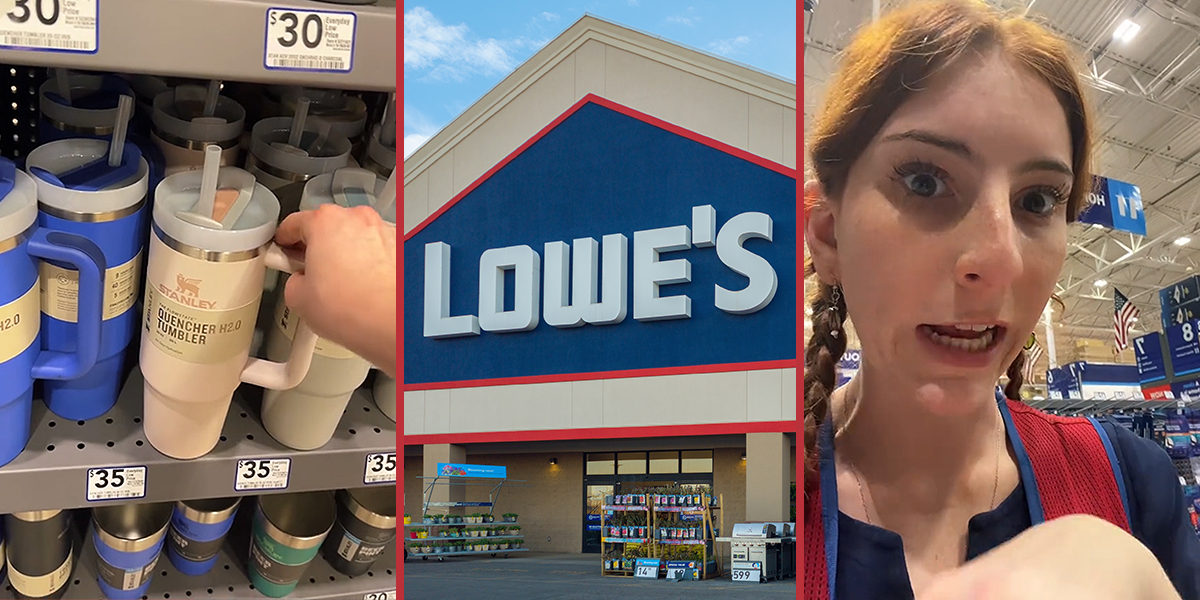 Stanley cup in Lowe's worker hand on shelf (l) Lowe's storefront with sign (c) Lowe's worker speaking (r)
