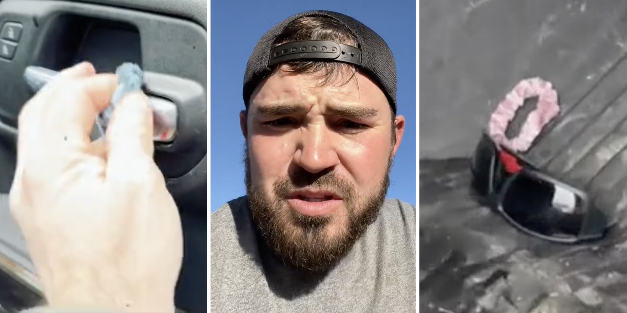 Hand putting scrunchie on handle(l), Man talking(c), Another scrunchie(r)