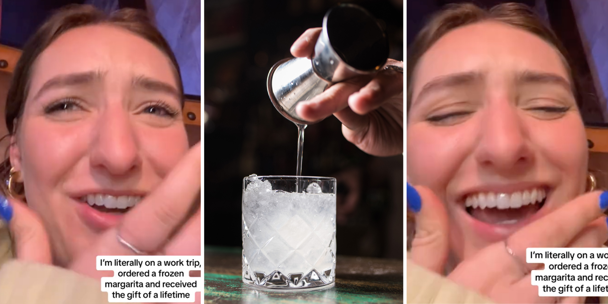 Woman laughing(l+r), Hand making cocktail(c)