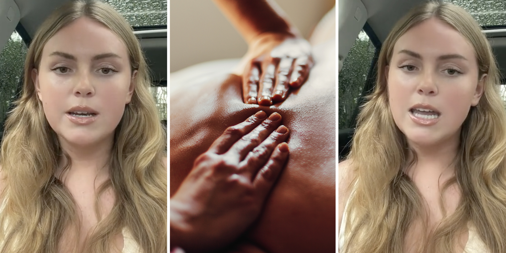 Woman talking(l+r), Hands massaging back(c)