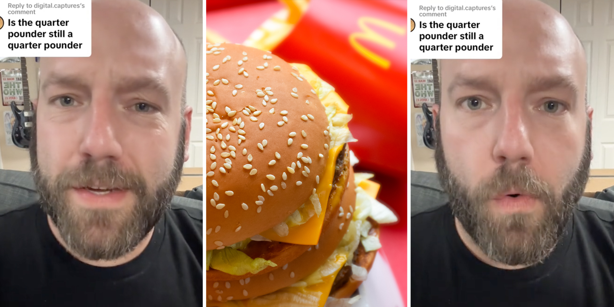 Man talking(l+r), McDonald's burger and fries(c)