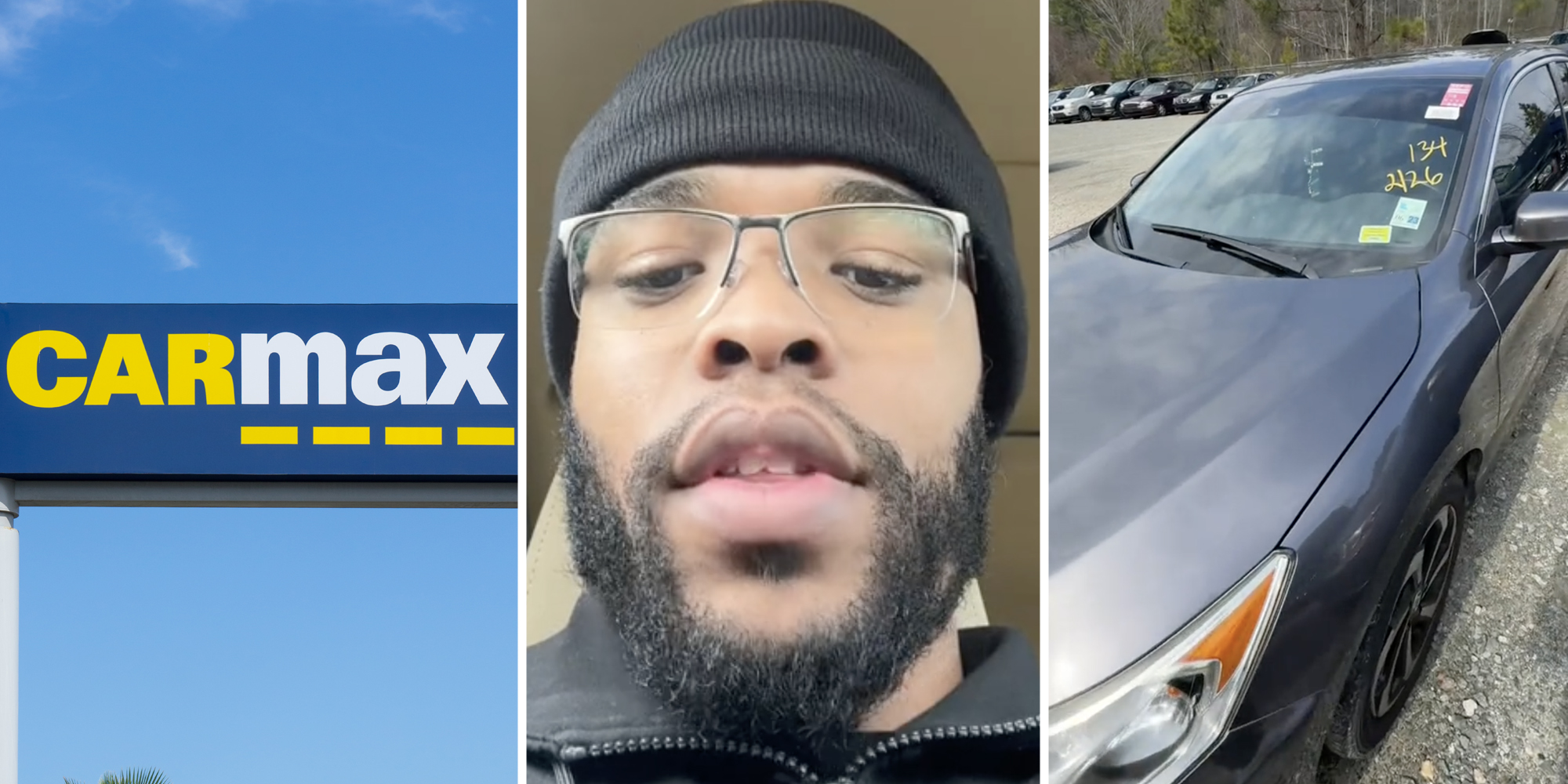 CarMax sign(l), Man talking(c), Repoed car(r)
