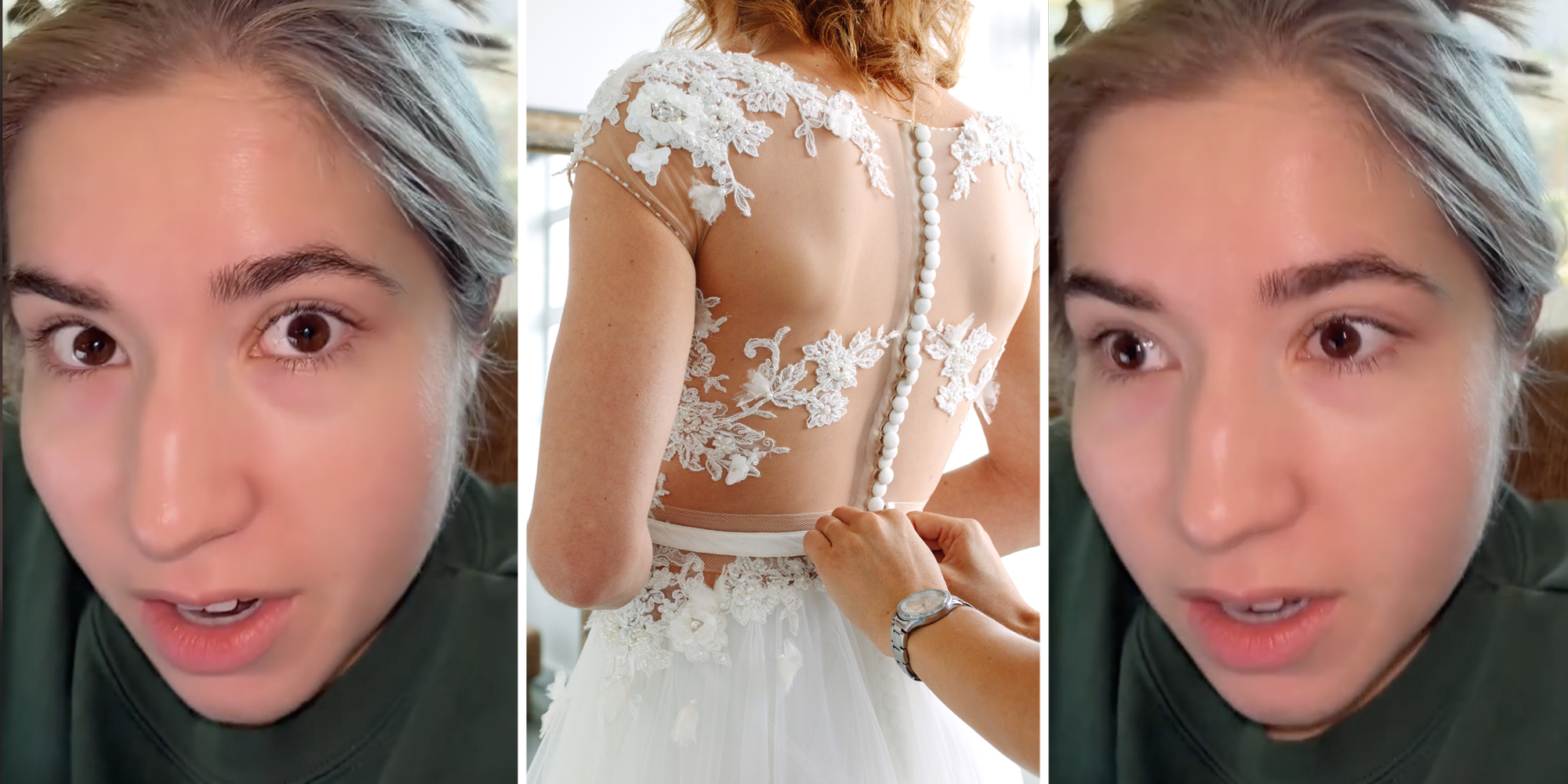 Woman talking(l+r), Woman in wedding dress being buttoned in from the back(c)