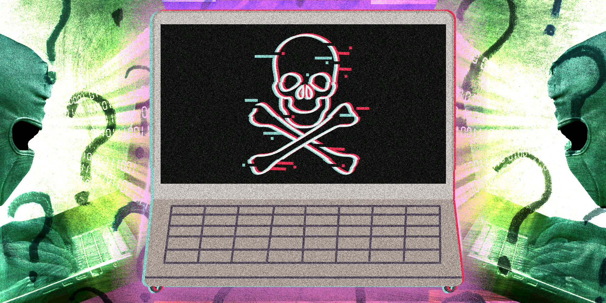 Computer with hacker logo and hackers in the background with question marks