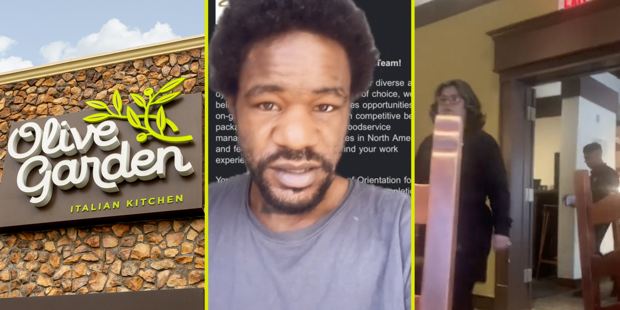 Olive garden sign(l), Man talking(c), Olive Garden servers(r)