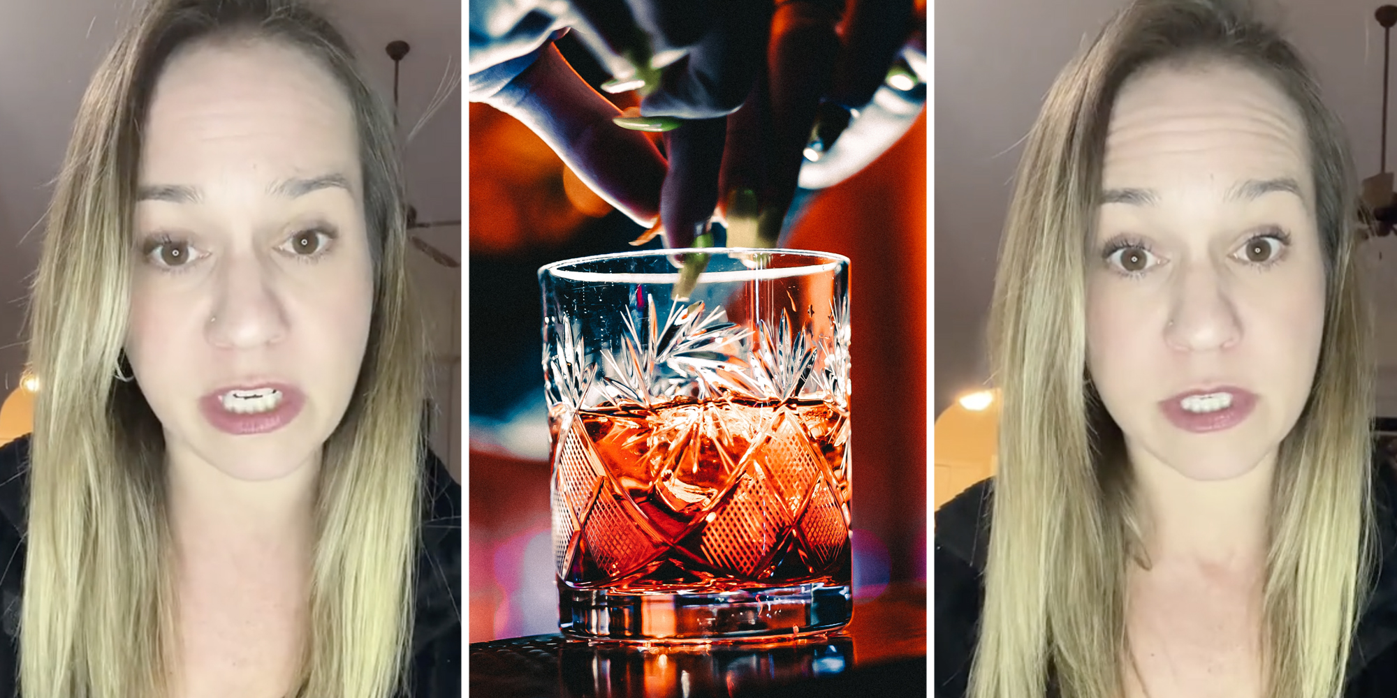 Woman talking(l+r), Bartender making drink(c)